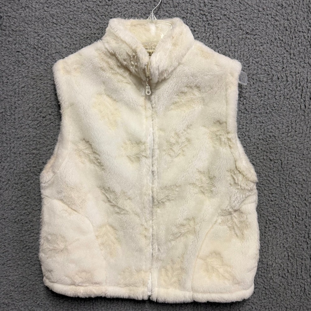 Coldwater Creek Women's Small Faux Fur Vest Ivory Leaf Pattern Full Zip Collar